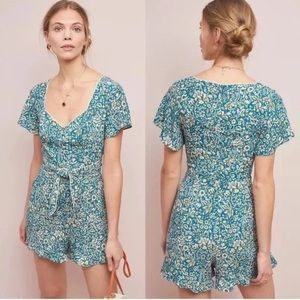 Anthropologie Maeve blue floral tie front romper size 4